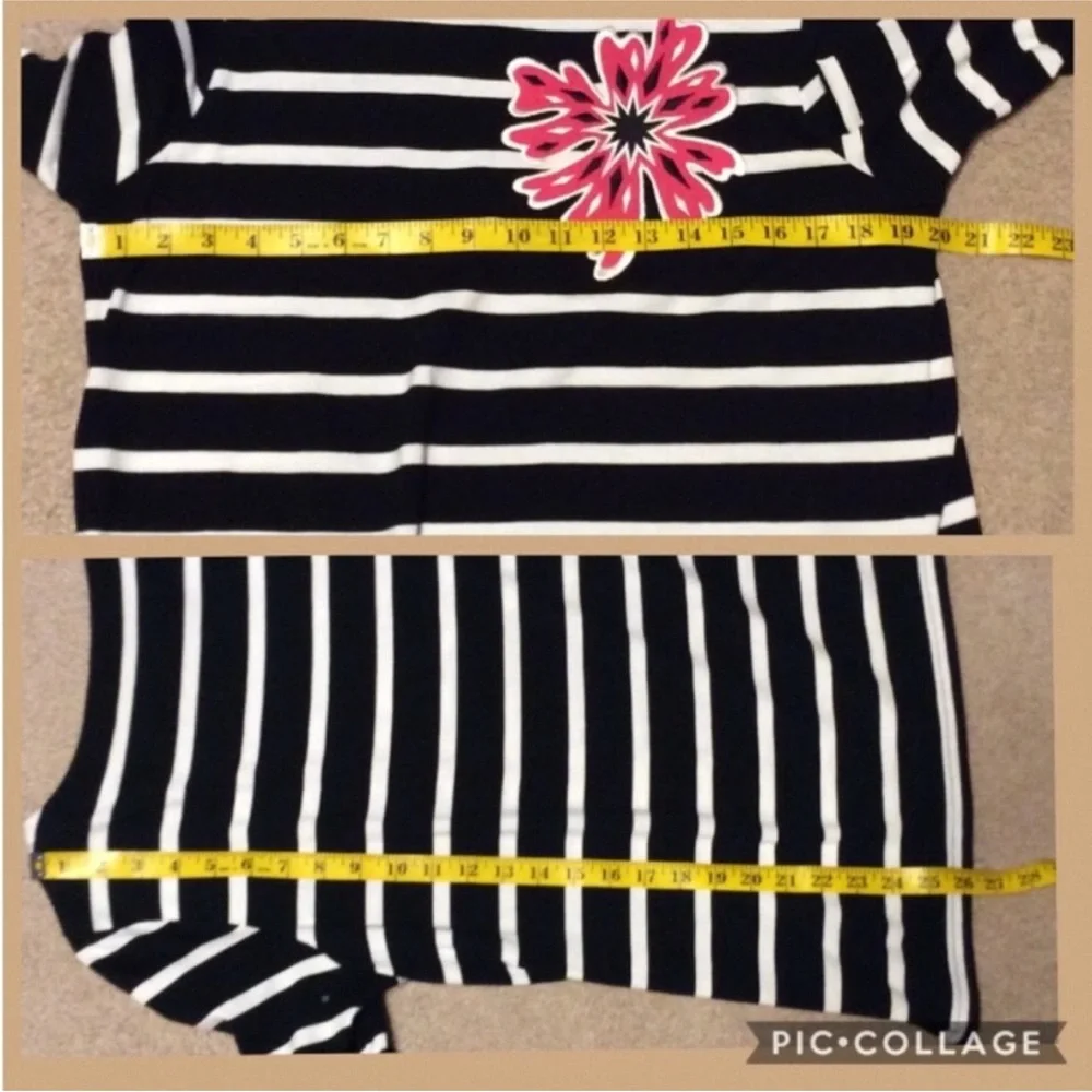BOB MACKIE WEARABLE ART Black And White Striped With A BRIGHT Flower SHIRT - Picture 6 of 9